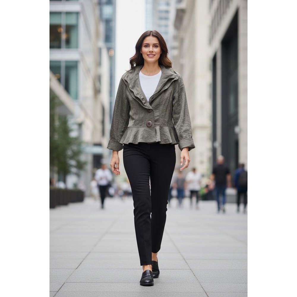 Design Today's Women Gray Taupe Peplum Jacket Portrait Collar Nylon Small